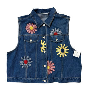 Susan Bristol Floral Embroidered Denim Button Up Vest Sz XL New with Tags
